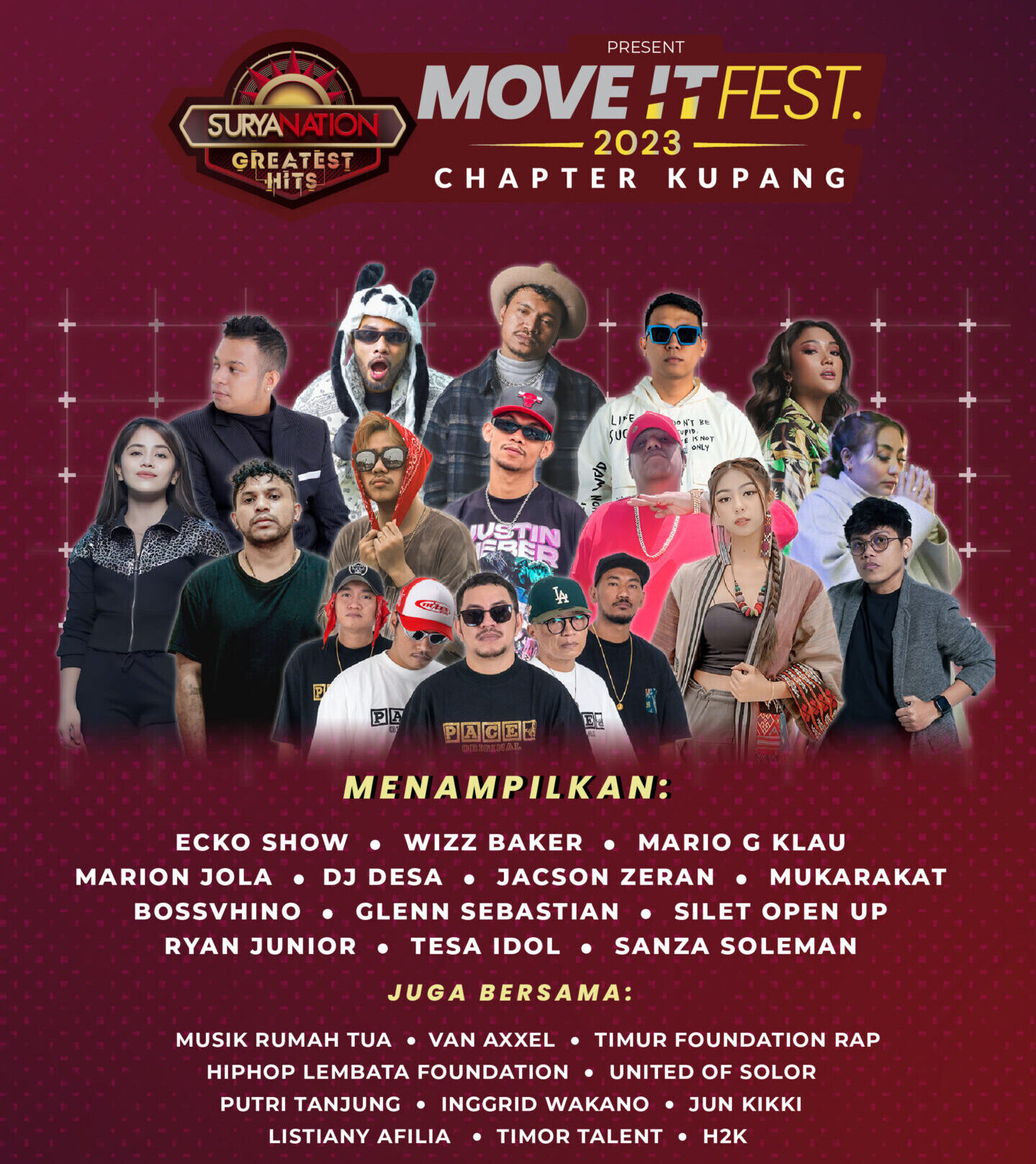 Konser musik Move It Fest yang digagas IDETIMUR akan menghadirkan musisi-musisi yang berasal dari Indonesia Timur diantaranya Mario Klau, Ecko Show, Silent Open Up, Wizz Baker, Glen Sebastian, Mukarakat, DJ Desa, Tesa Idol, Jacson Zeran, Ryan Junior, Boss Vhino dan beberapa musisi timur lainnya.